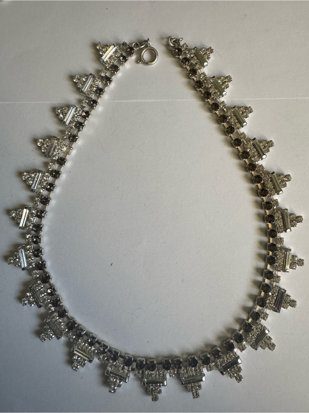 VTG 1950s Art Deco Rhinestone Fringe Statement Choker Necklace Silver
